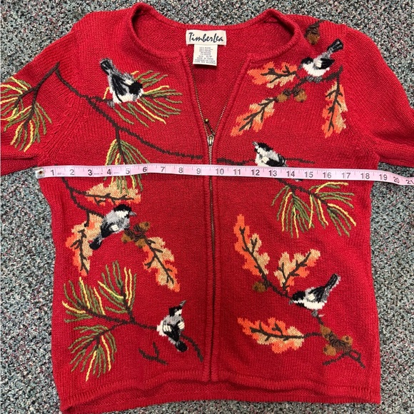 Vintage Timberlea Red Embroidered Bird Foliage Full Zip Sweater Size Small - Picture 4 of 8